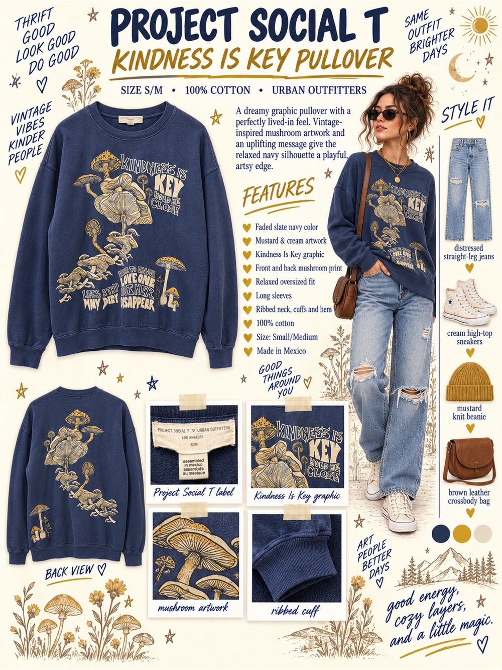 Project Social T Navy Crewneck Pullover with Mustard & Cream Mushroom Art